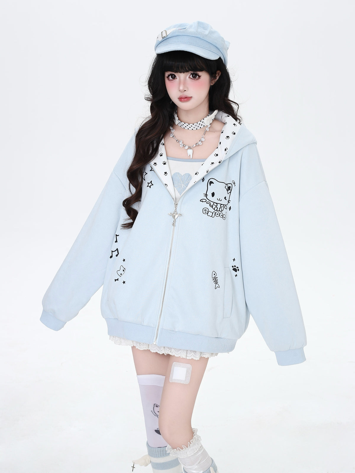 Cat Paw Embroidered Cat-Ear Zip Hoodie
