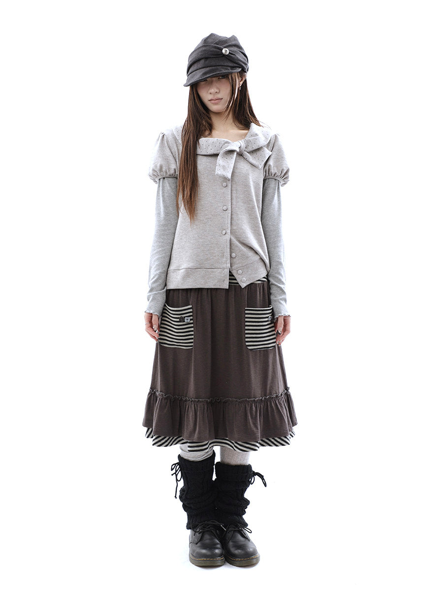 Polka Dot Bow Knit Top & Long Sleeve Two-Piece Set