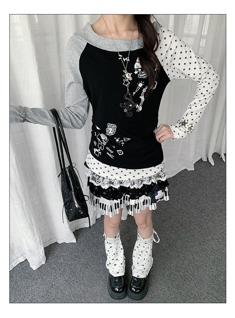 Star Graphic Asymmetric Layered Long Sleeve Top