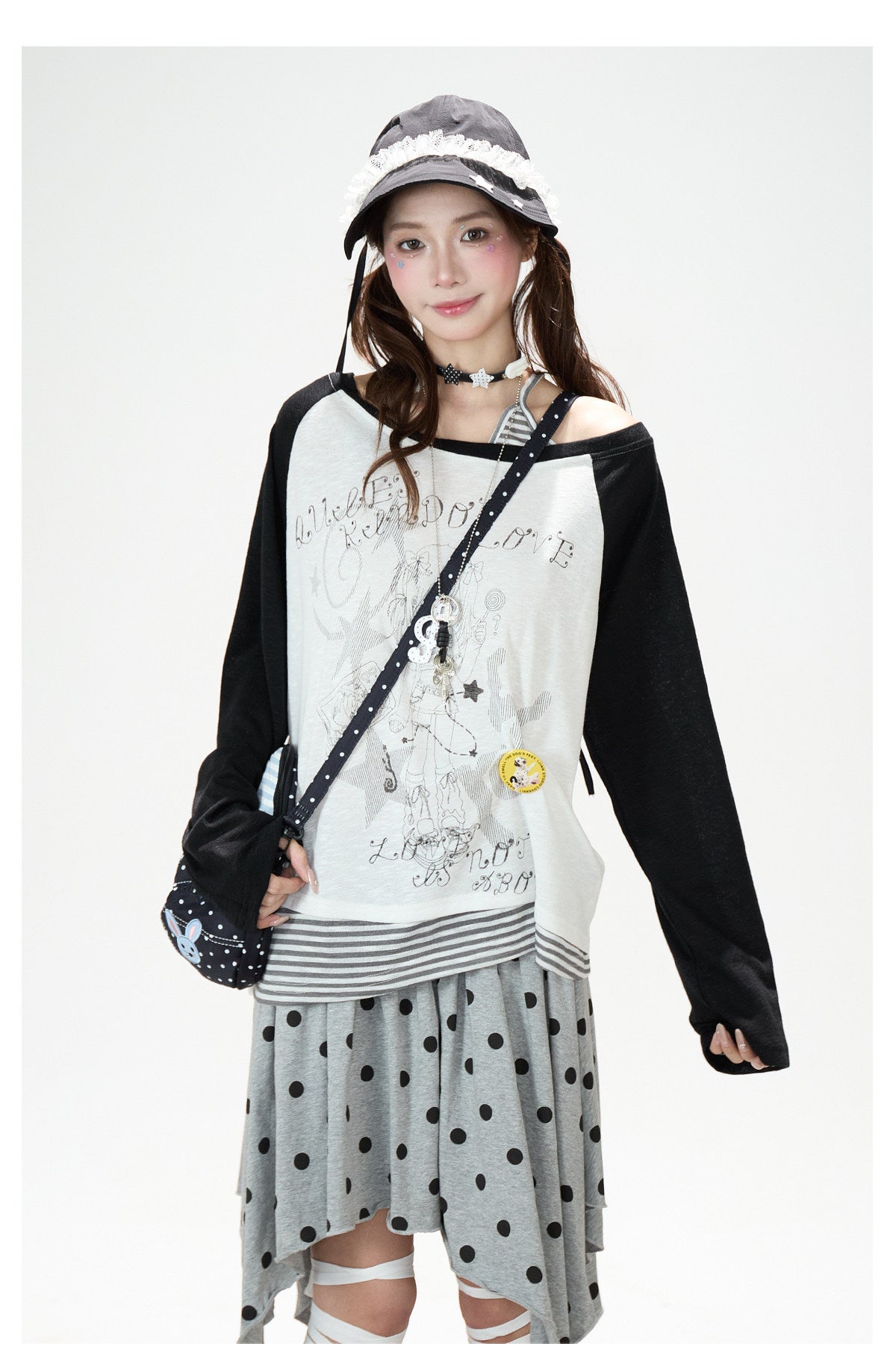 Faux Layered Off-Shoulder Graphic Long Sleeve Top