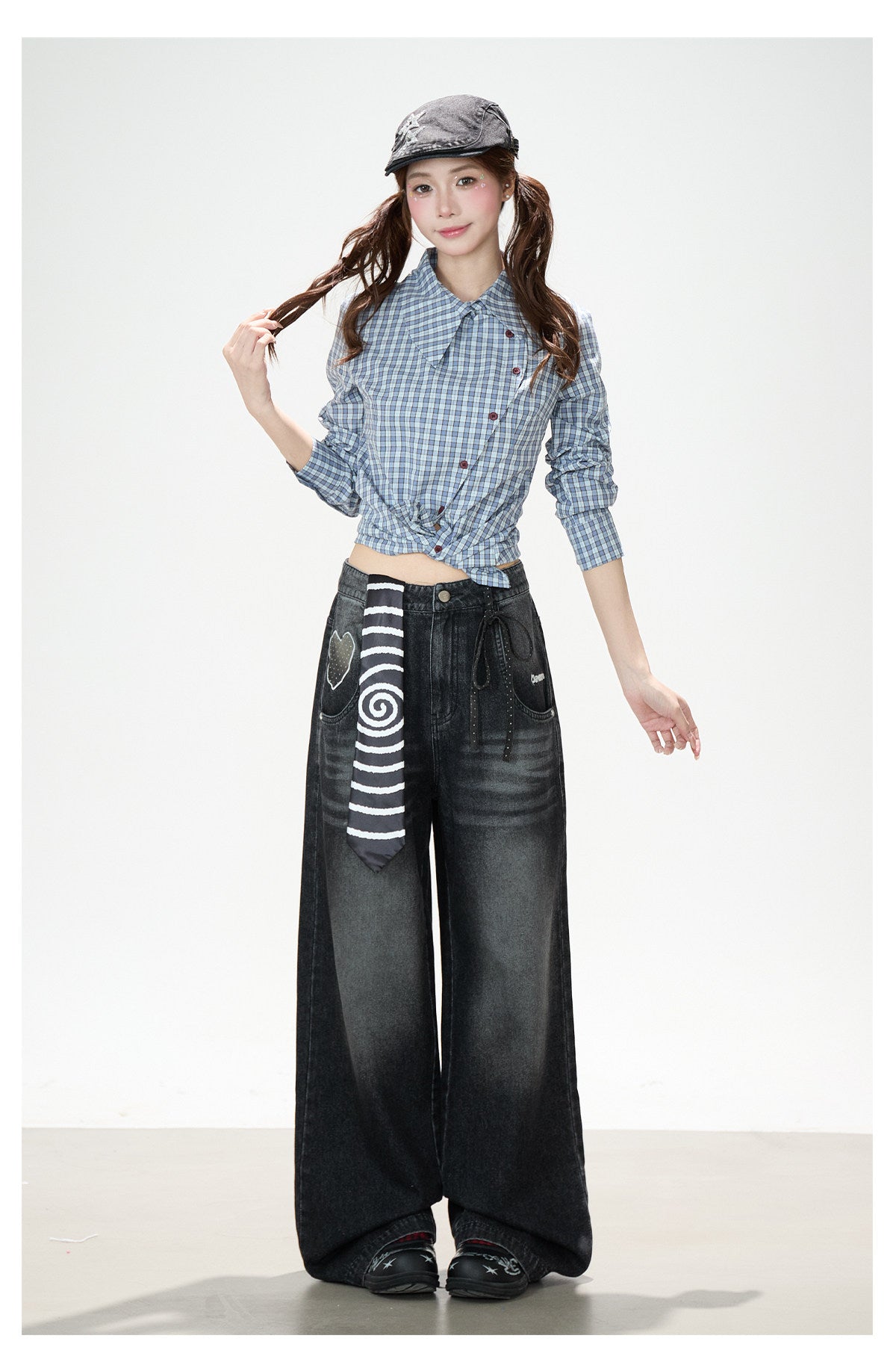 Blue Check Asymmetrical Shirt & Washed Wide-Leg Pants