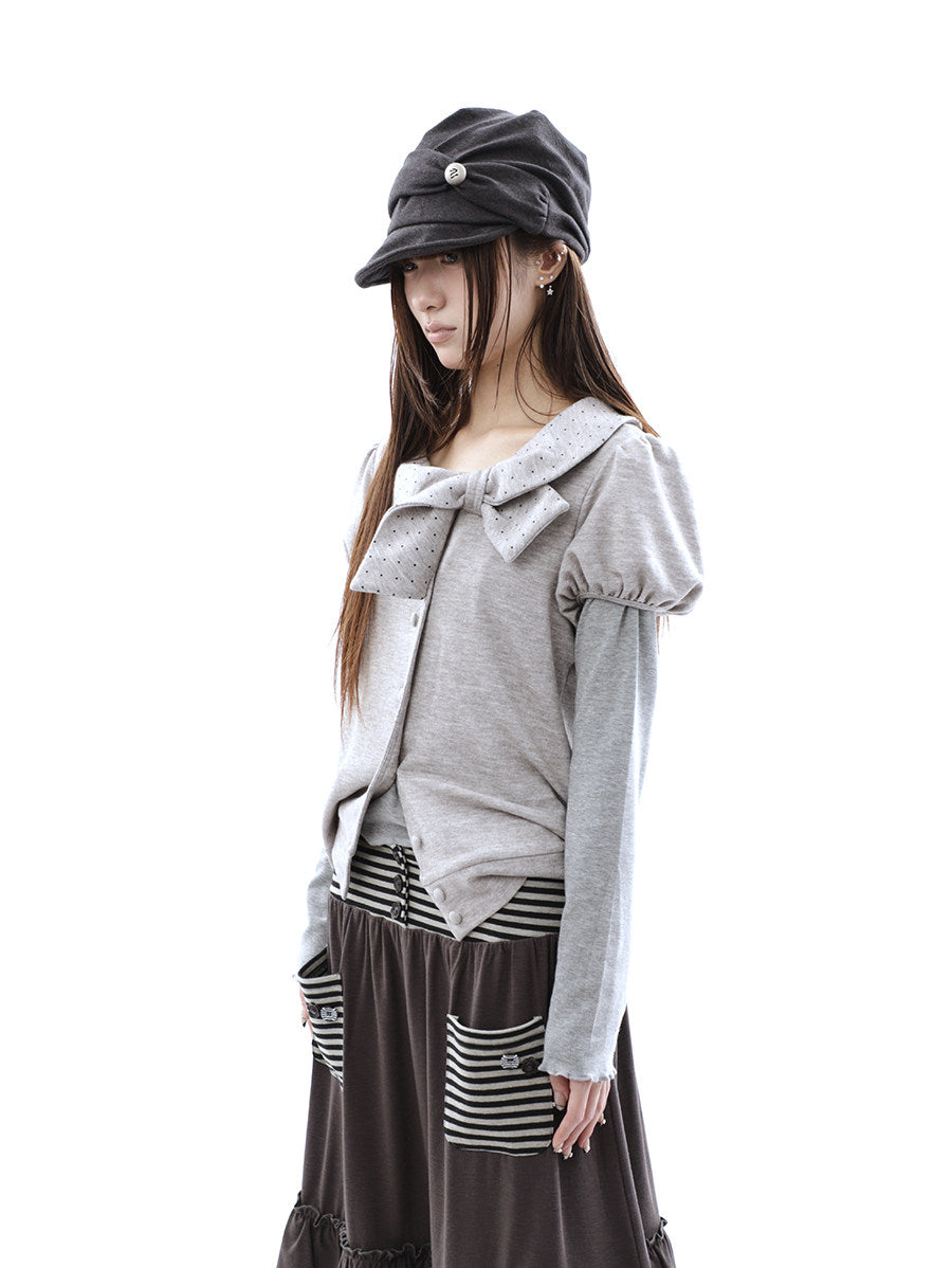 Polka Dot Bow Knit Top & Long Sleeve Two-Piece Set