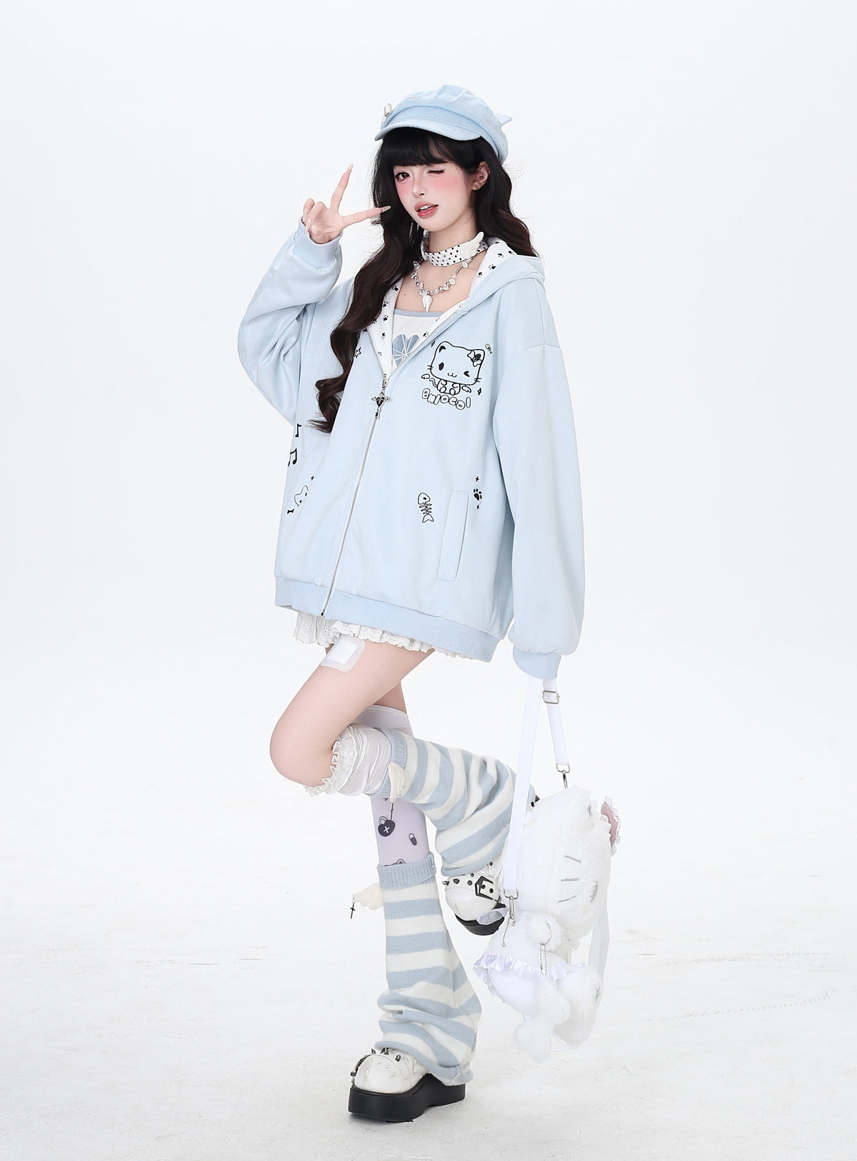 Cat Paw Embroidered Cat-Ear Zip Hoodie