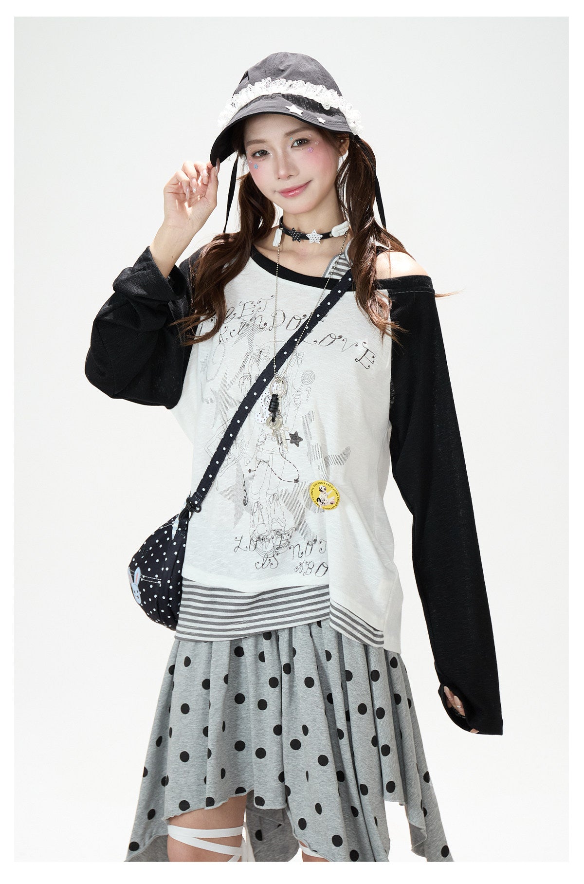 Faux Layered Off-Shoulder Graphic Long Sleeve Top