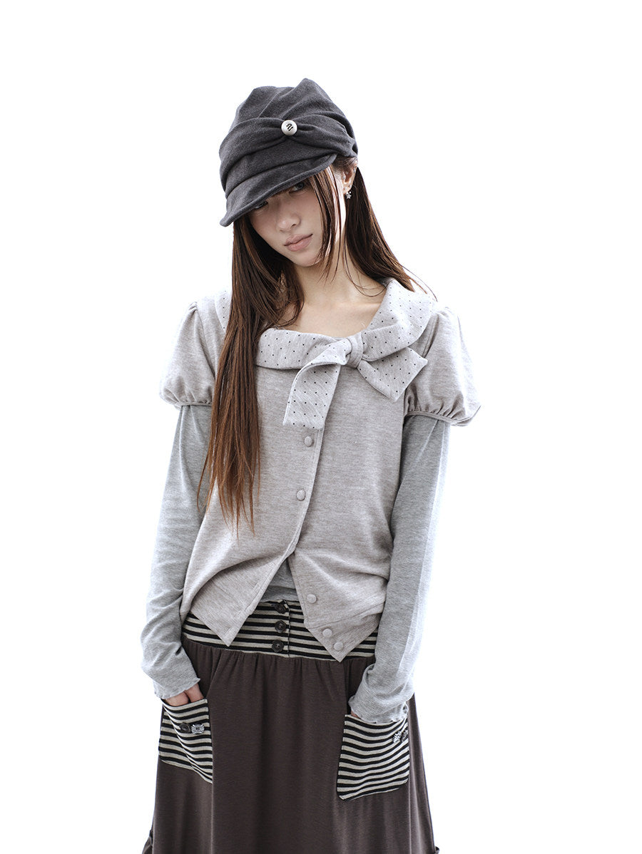 Polka Dot Bow Knit Top & Long Sleeve Two-Piece Set