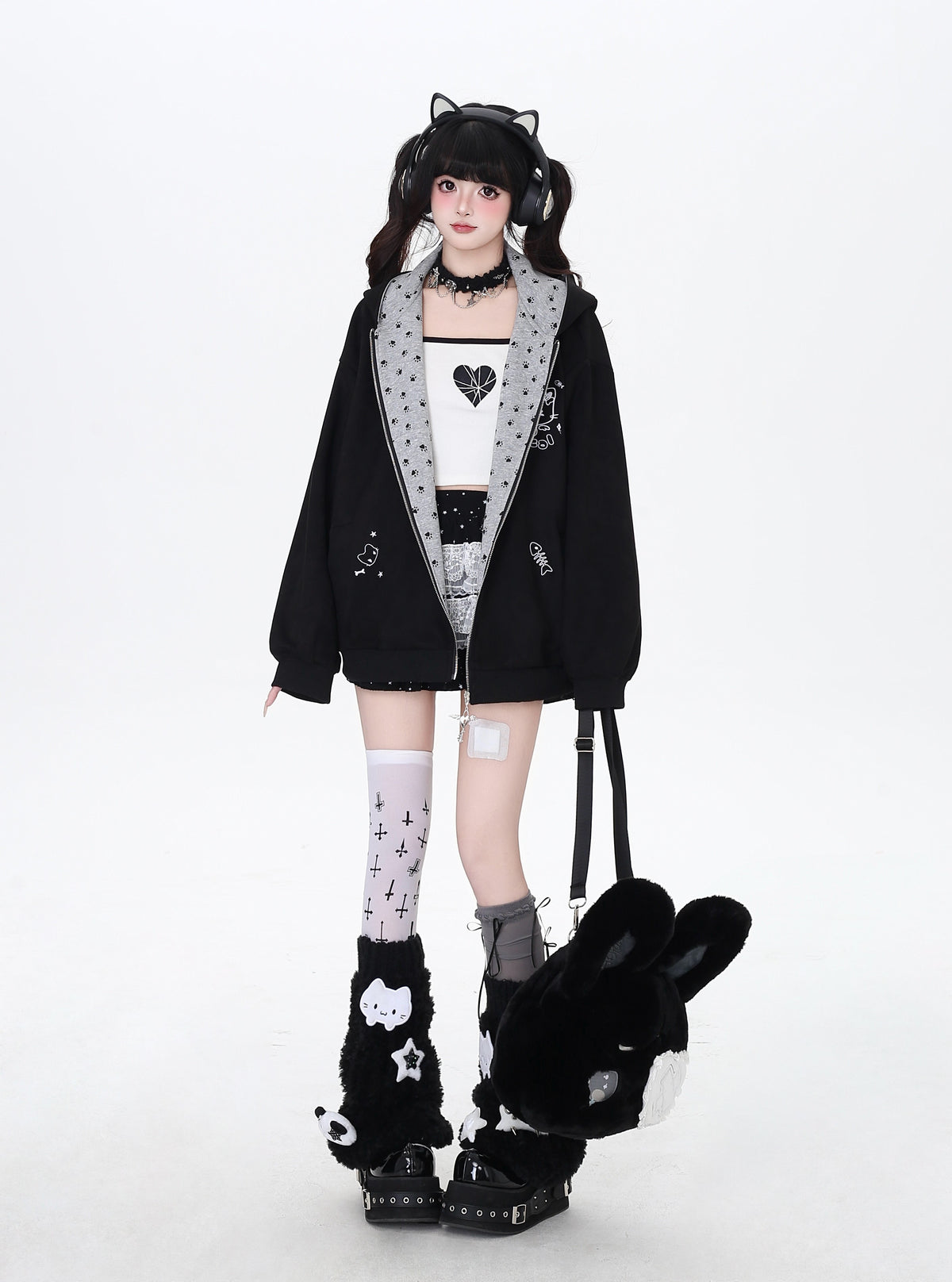 Cat Paw Embroidered Cat-Ear Zip Hoodie