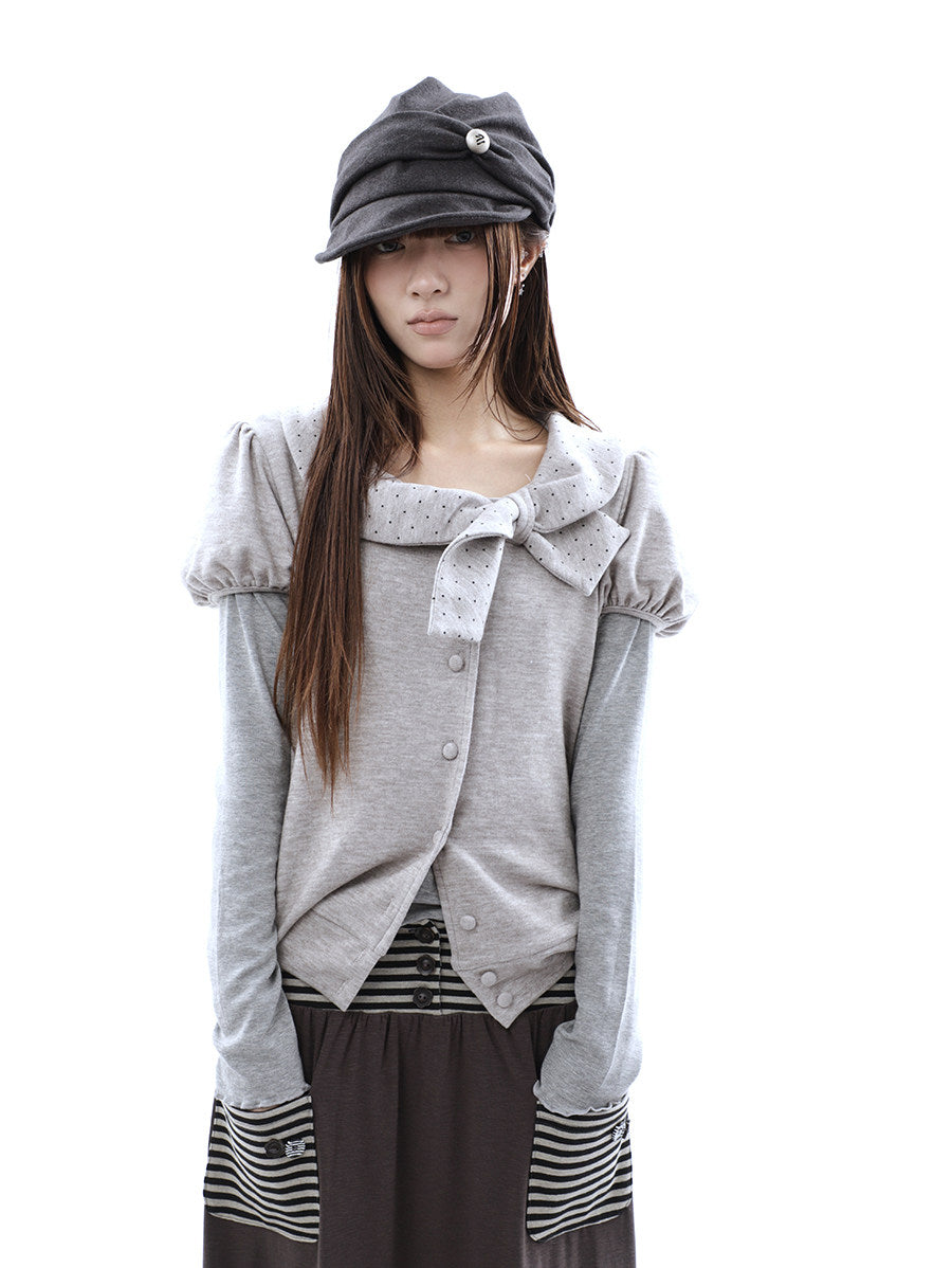 Polka Dot Bow Knit Top & Long Sleeve Two-Piece Set