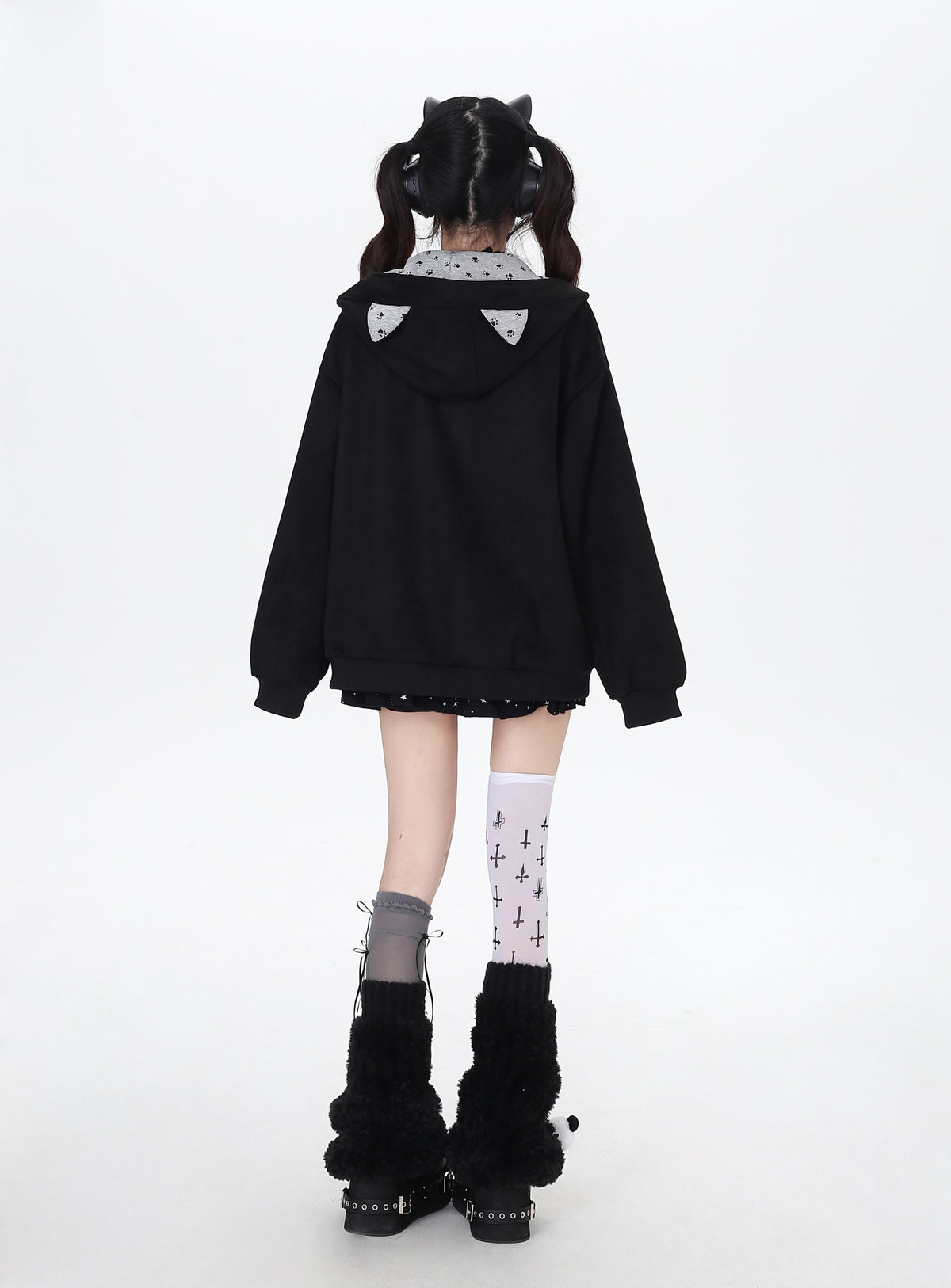 Cat Paw Embroidered Cat-Ear Zip Hoodie