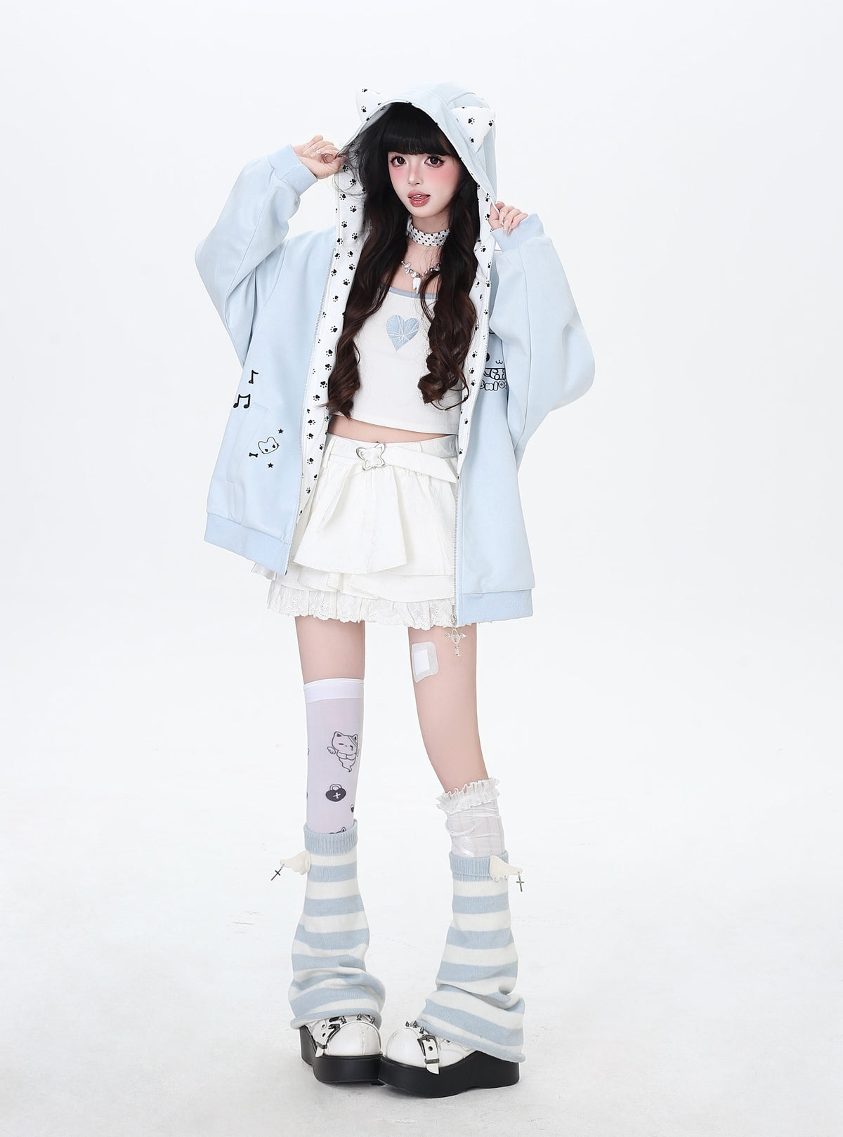 Cat Paw Embroidered Cat-Ear Zip Hoodie