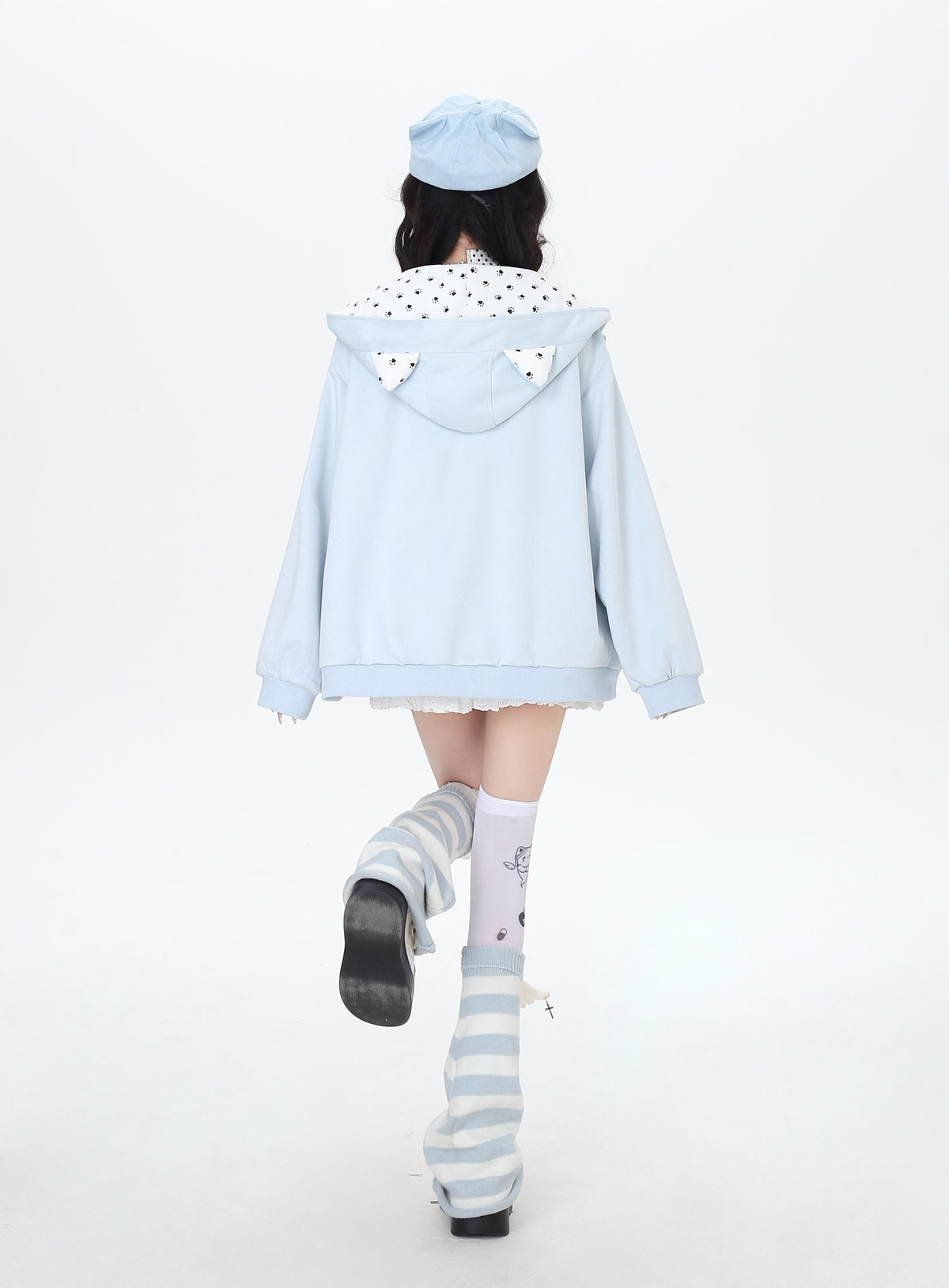Cat Paw Embroidered Cat-Ear Zip Hoodie