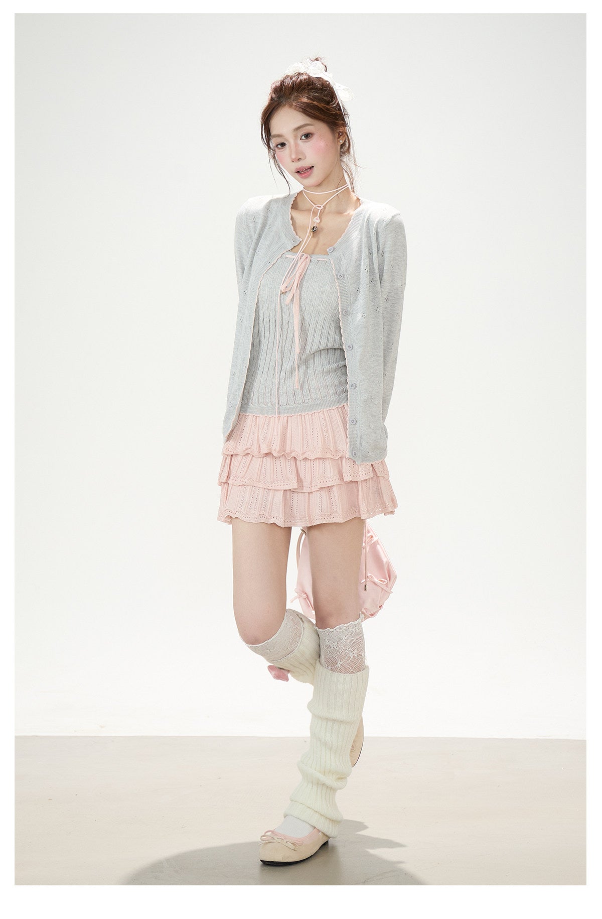 Pointelle Bow Cardigan & Cami Knit Set & Tiered Ruffle Mini Skirt