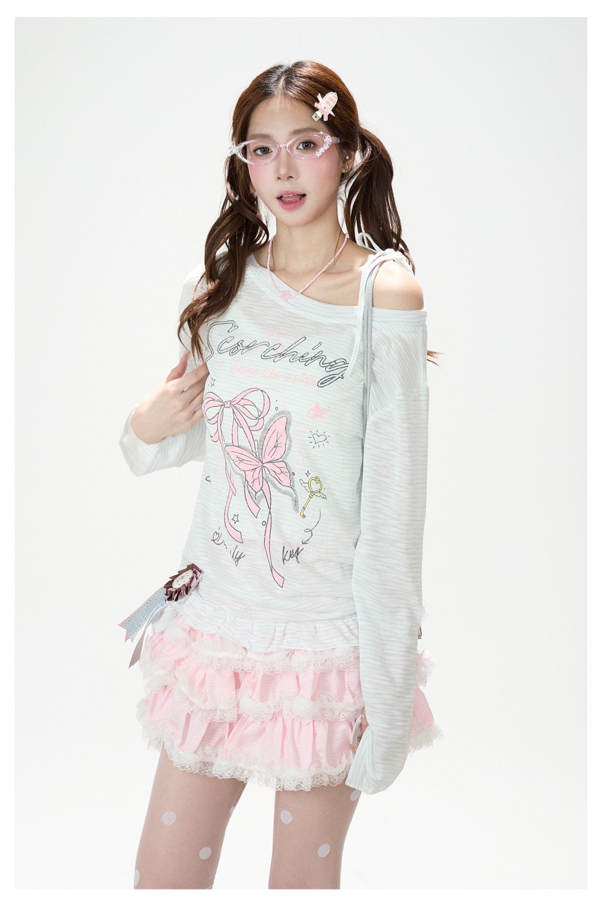 Bow Stripe Off-Shoulder Long Sleeve Top & Pink Wide-Leg Pants