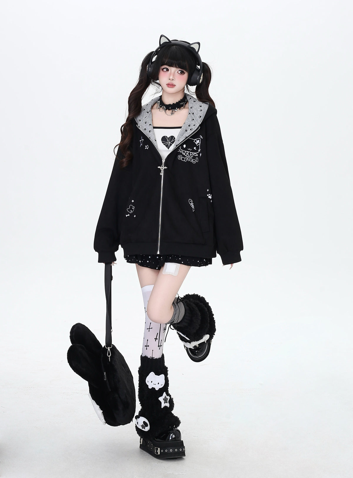 Cat Paw Embroidered Cat-Ear Zip Hoodie