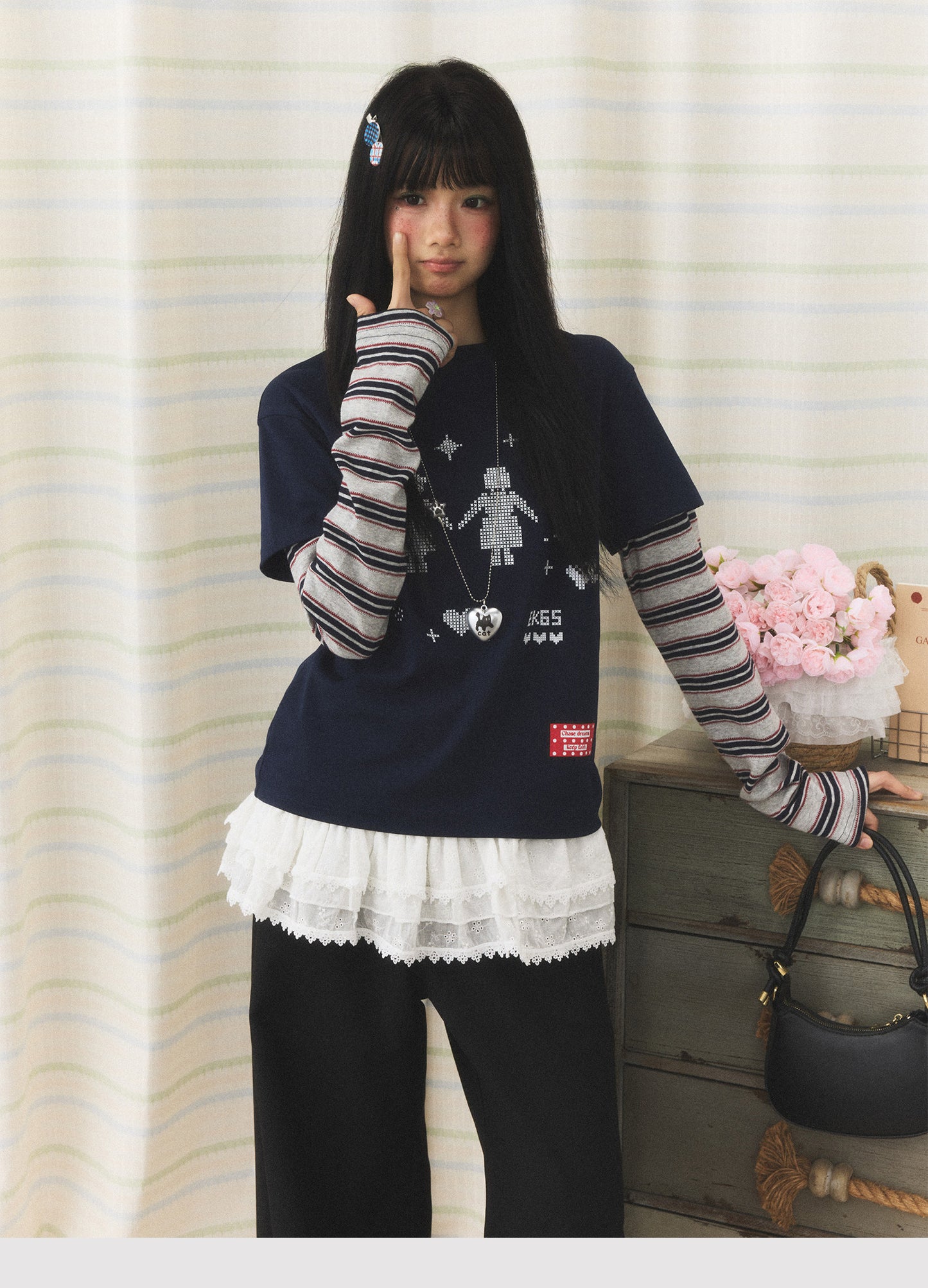 Navy Pixel Girl Stripe Faux-Layer Long-Sleeve Tee