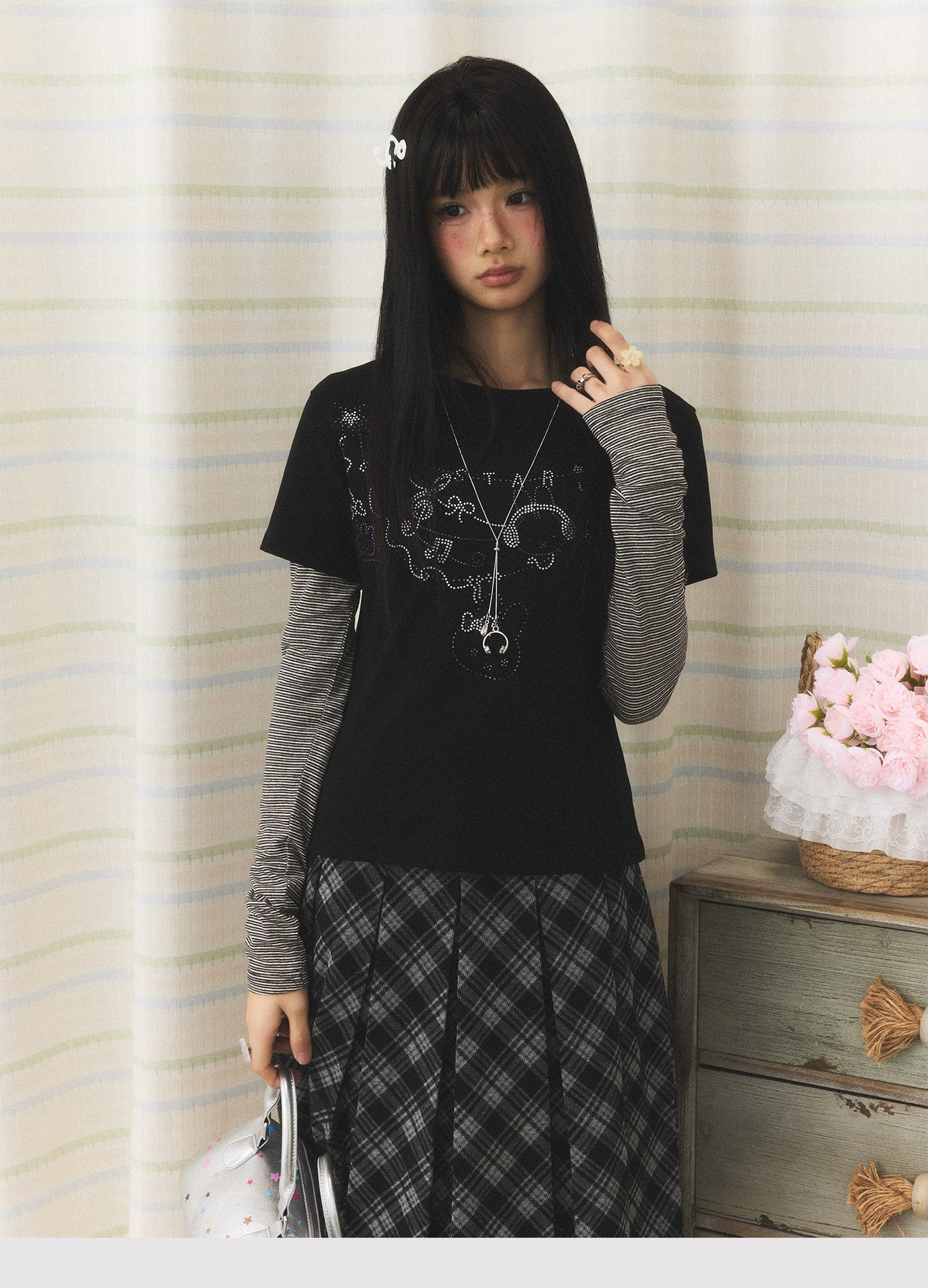 Rhinestone Melody Faux-Layer Stripe Long-Sleeve Tee
