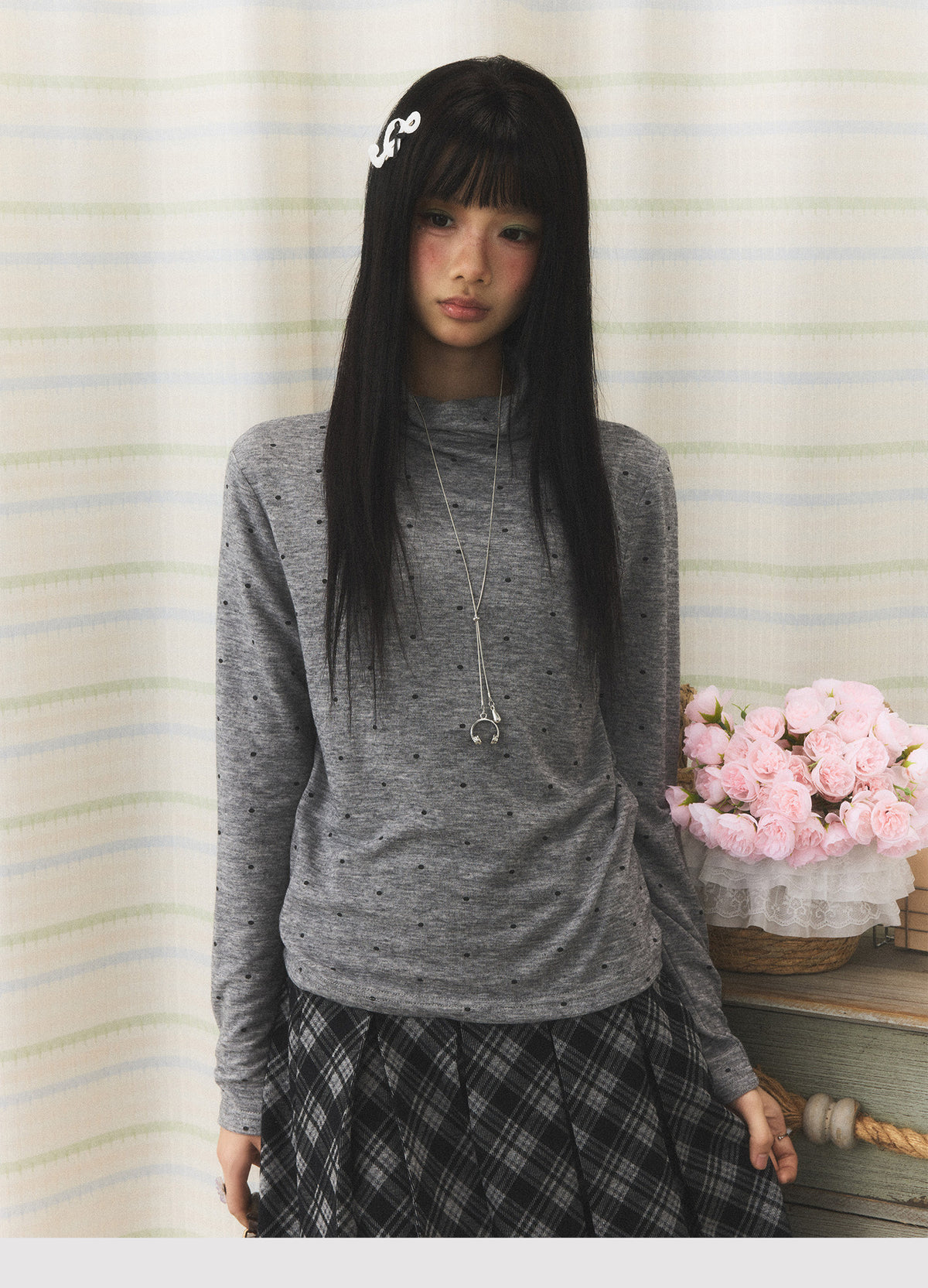 Polka Dot Mock-Neck Long Sleeve Top