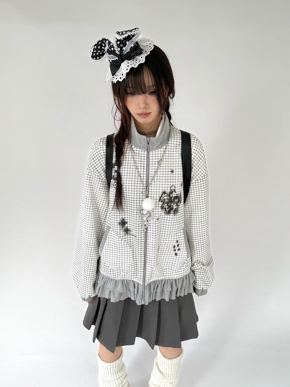 Sugar Check Graphic Ruffle-Hem Zip-Up Jacket