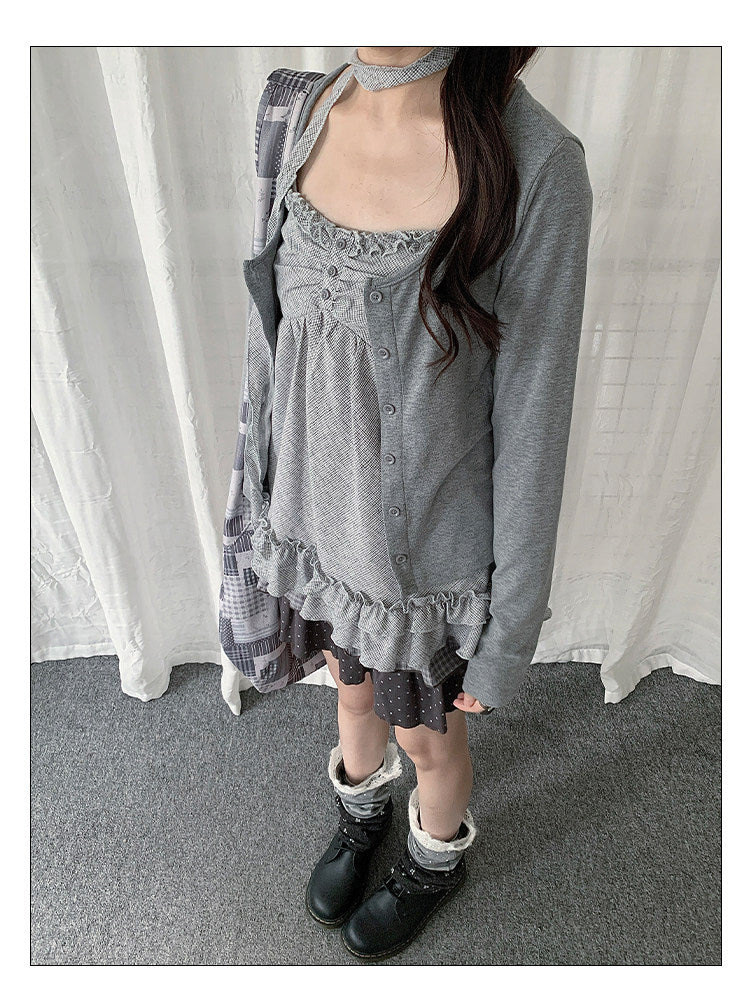 Ruffle Cami & Soft Cardigan Two-Piece Layered Top Set