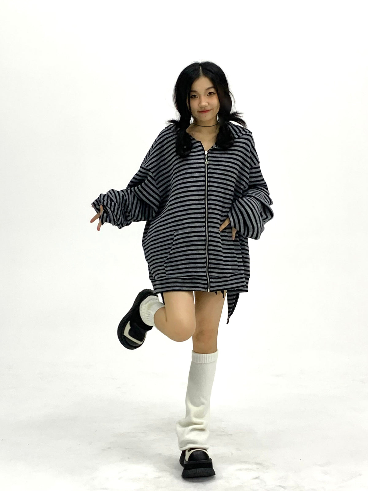 Shadow Stripe Bunny Ear Zip Hoodie
