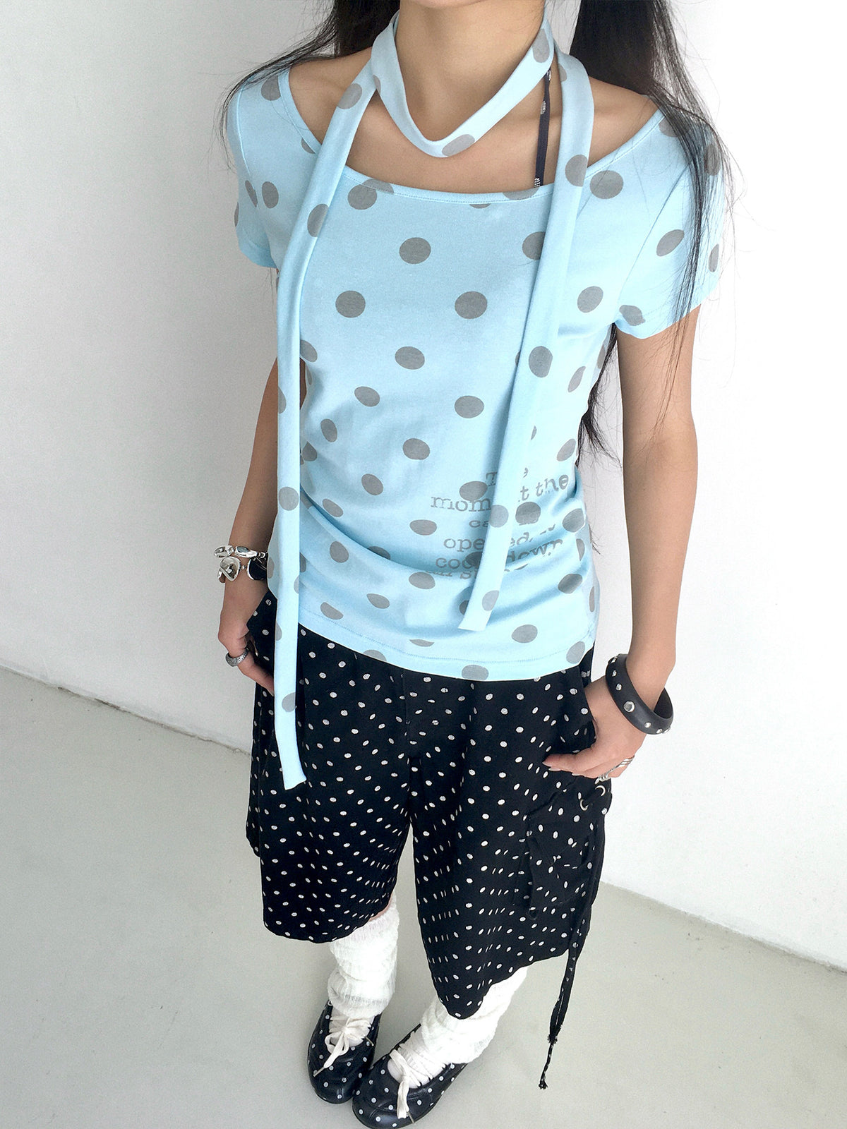 Polka Dot Scarf Short Sleeve Top