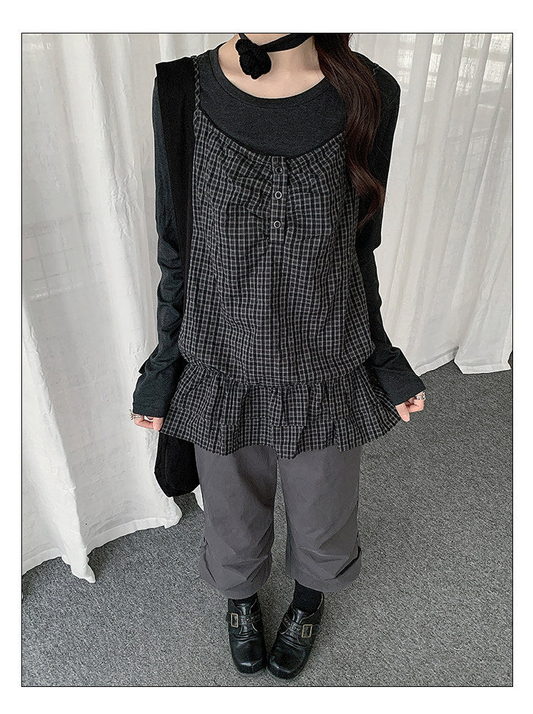 Plaid Cami & Long Sleeve Layered Two-Piece Top Set