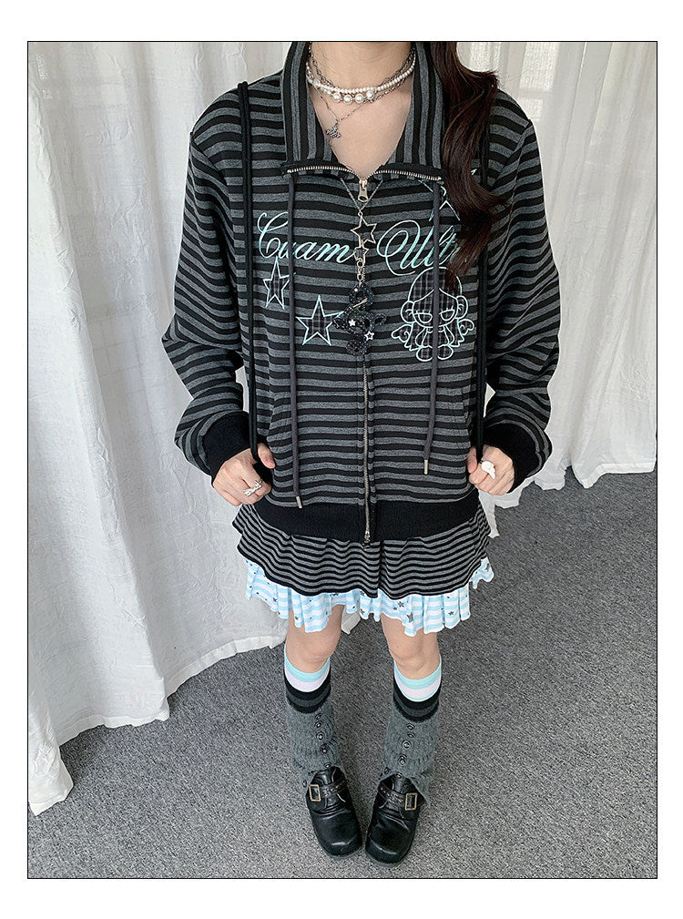 Star Charm Striped Embroidered Zip-Up Jacket