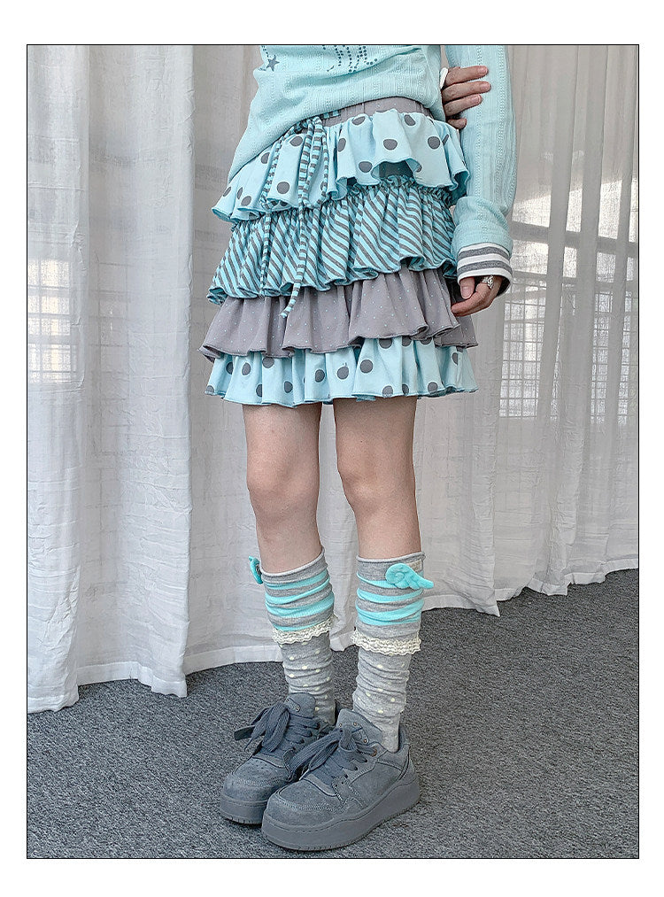 Polka Dot Stripe Tiered Mini Skirt