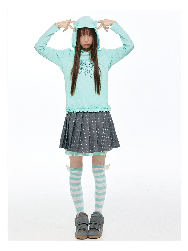 Rhinestone Graphic Faux-Layer Ruffle-Hem Hoodie