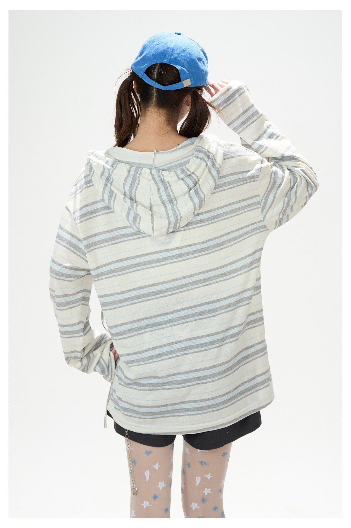 Blue Striped Hooded Long Sleeve Top & Dark Gray Drawstring Shorts