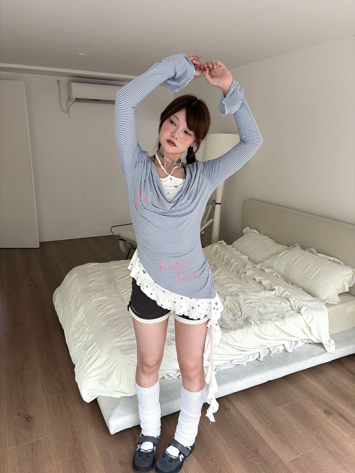 Blue Stripe Cowl-Neck Star Faux-Layer Long Sleeve Top