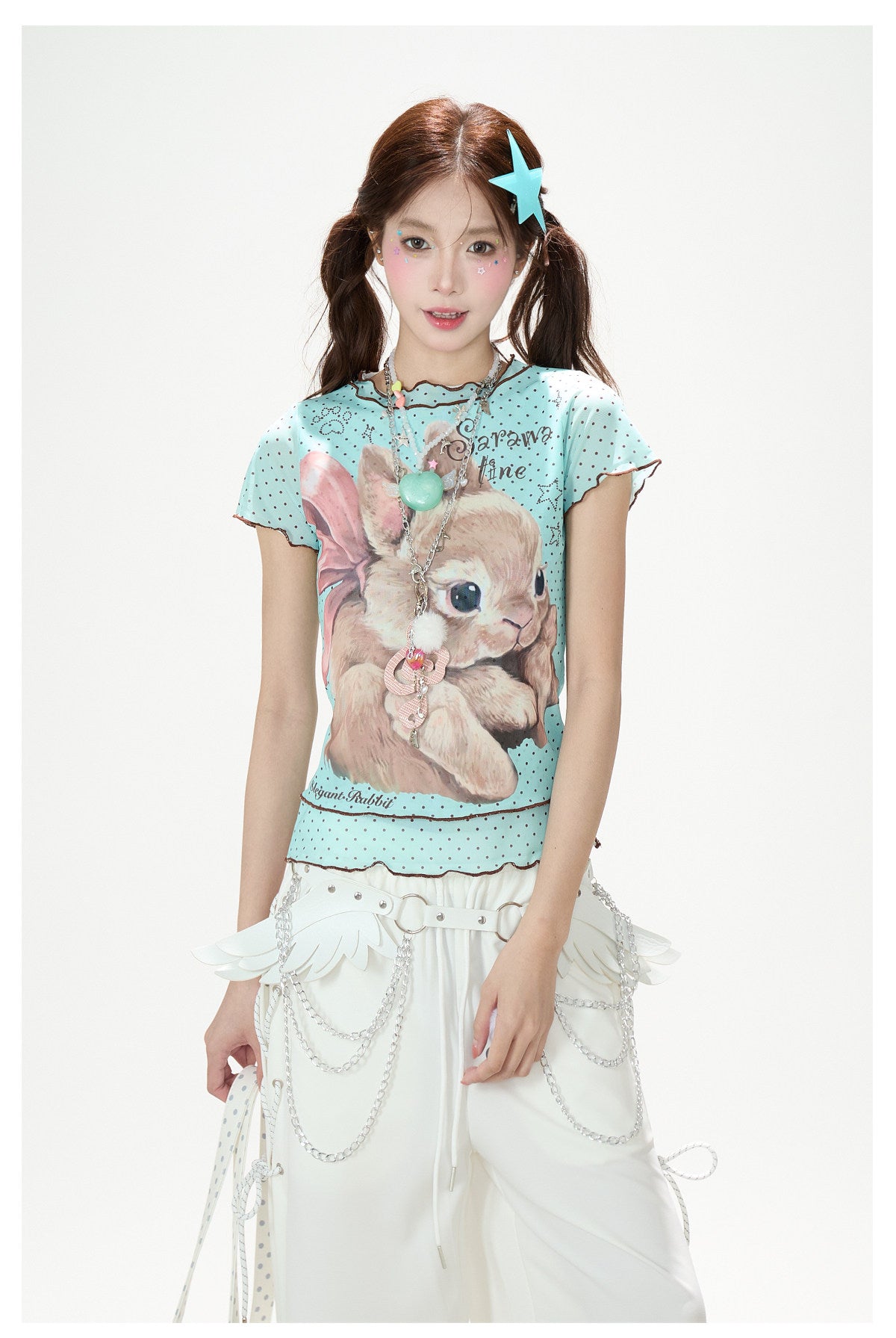 Ribbon Bunny Polka Dot Lettuce-Edge Tee
