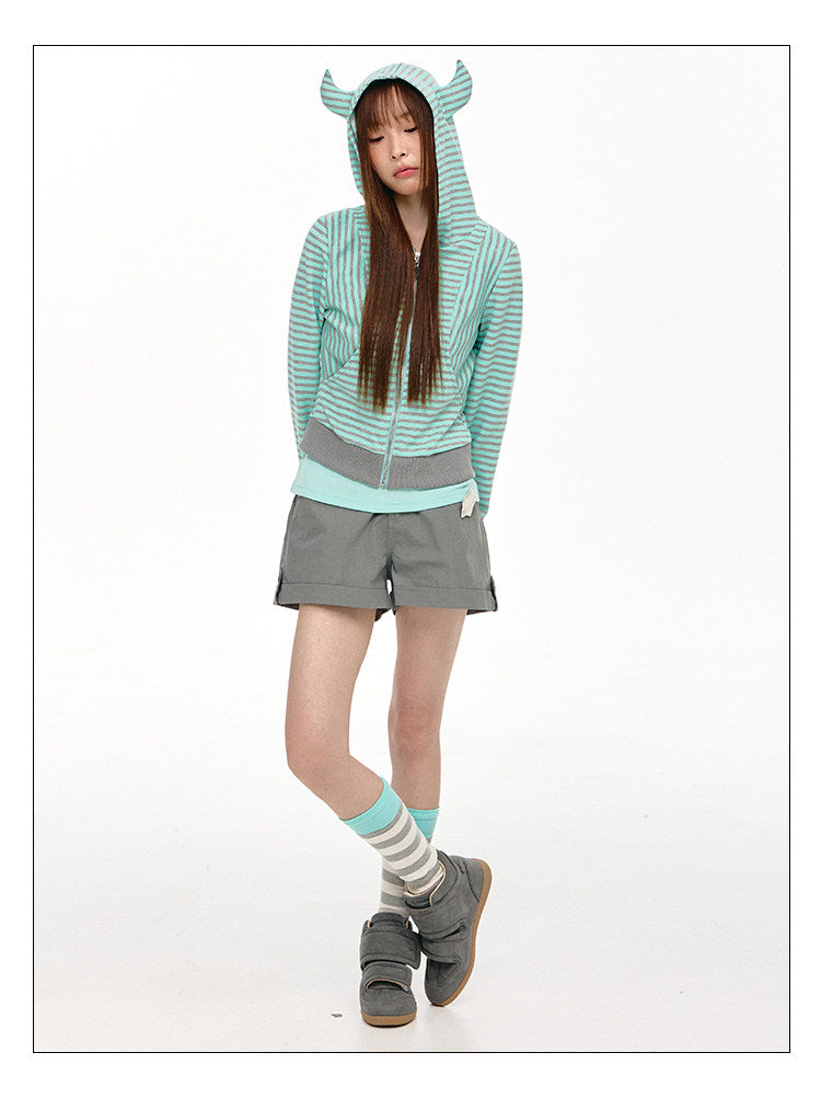 Mint Stripe Devil-Horn Zip-Up Hoodie