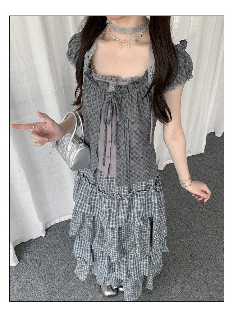 Gray Plaid Tie-Front Layered Puff-Sleeve Top