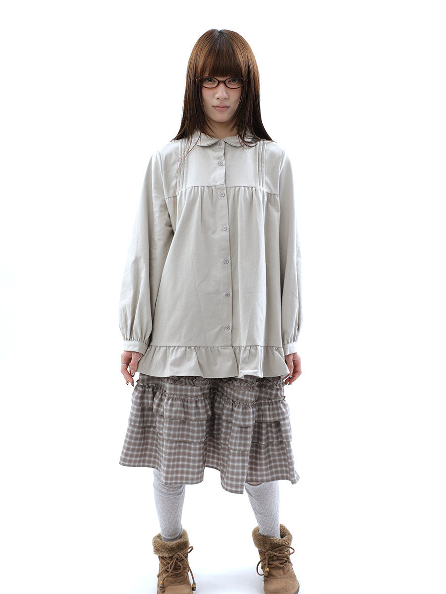 Pleated Ruffle Hem Button-Up Long Sleeve Blouse