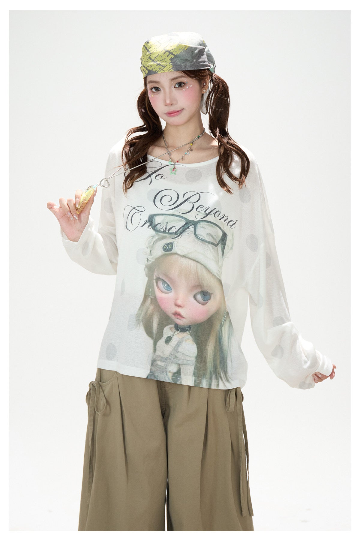 Dreamy Doll Print Oversized Long Sleeve Top