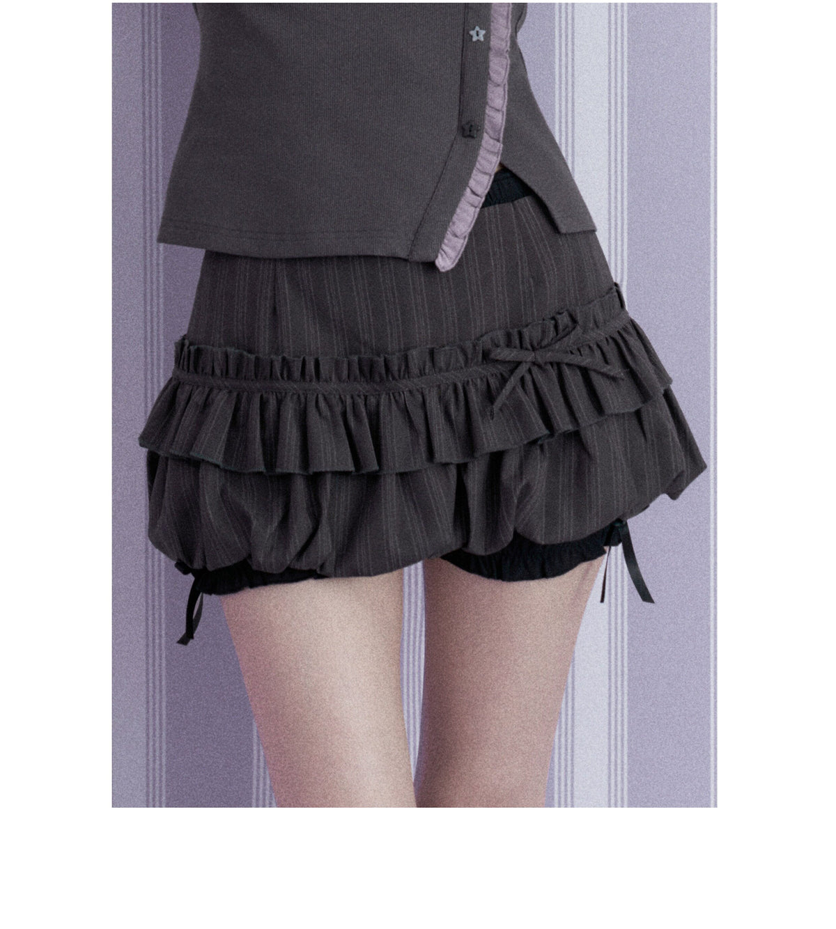 Double-Waist Pinstripe Ruffle Bubble-Hem Skort