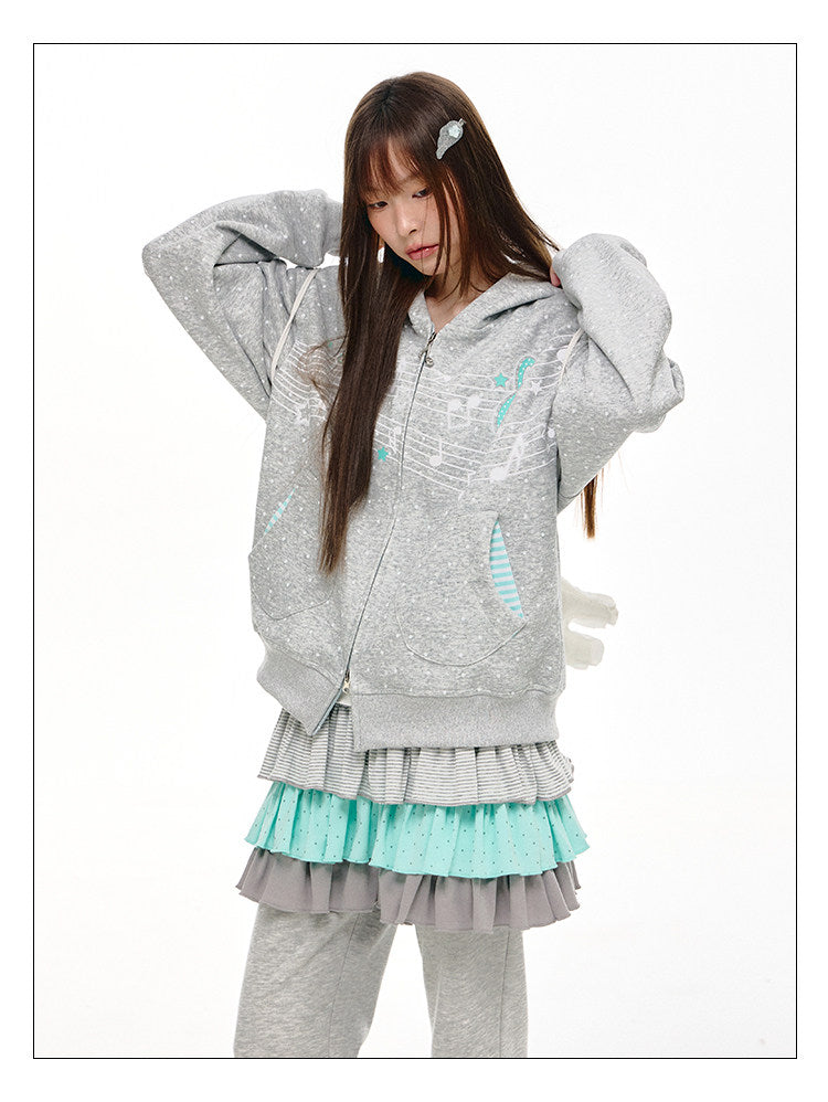 Gray Melody Polka Dot Graphic Zip Hoodie