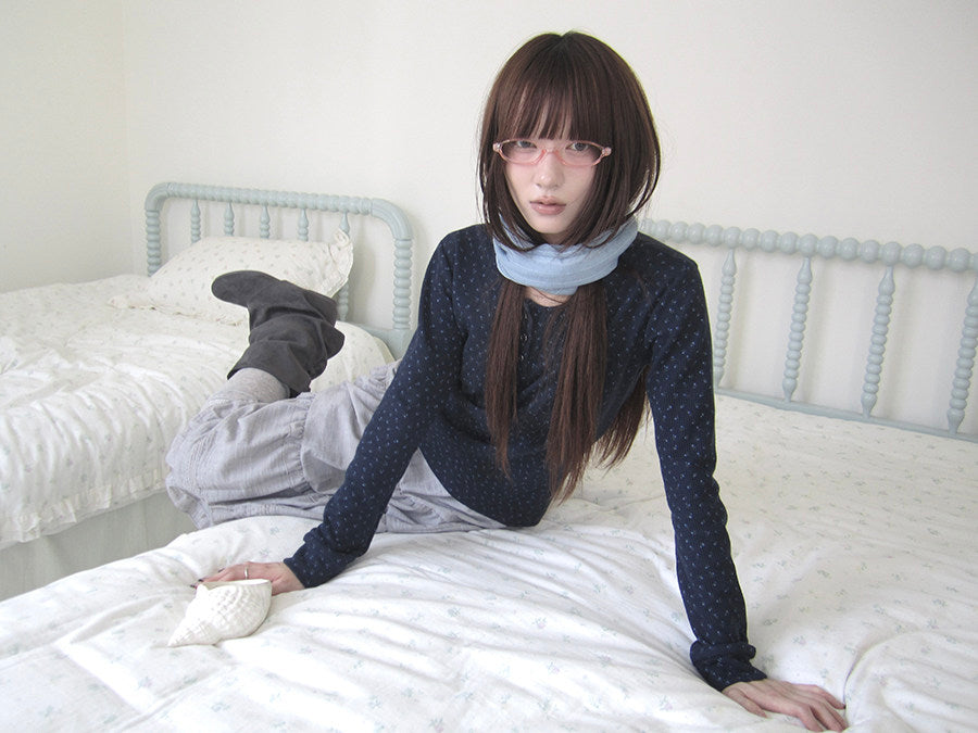 Tiny Floral Waffle Henley Long Sleeve Top