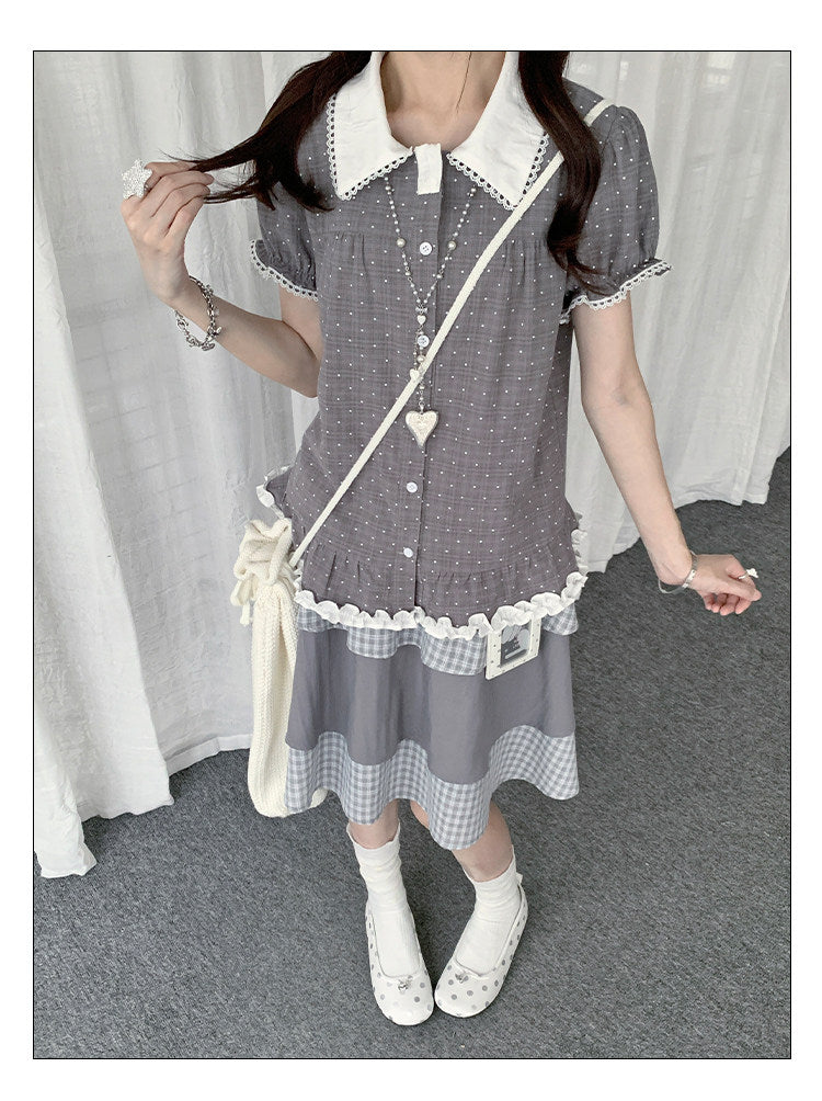 Polka Dot Peter Pan Collar Ruffle-Hem Blouse