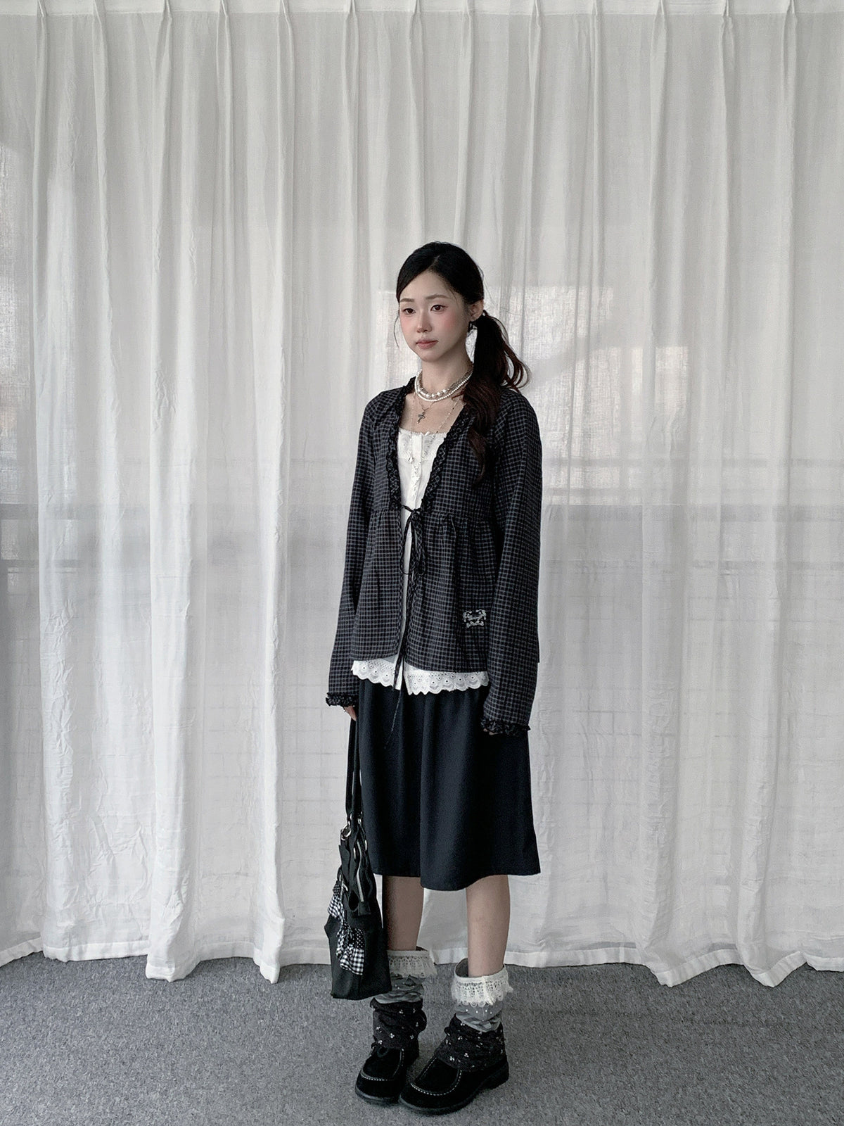 Ruffle-Trim Check Layered Tie-Front Top