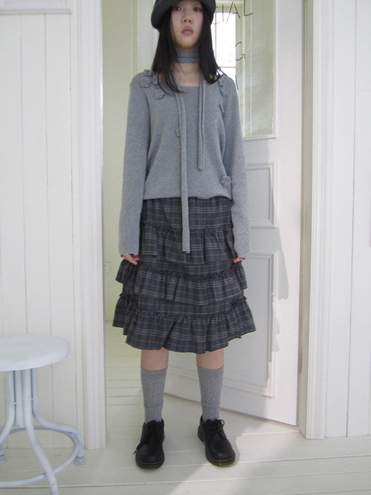 Vintage Gray Plaid Tiered Ruffle Skirt