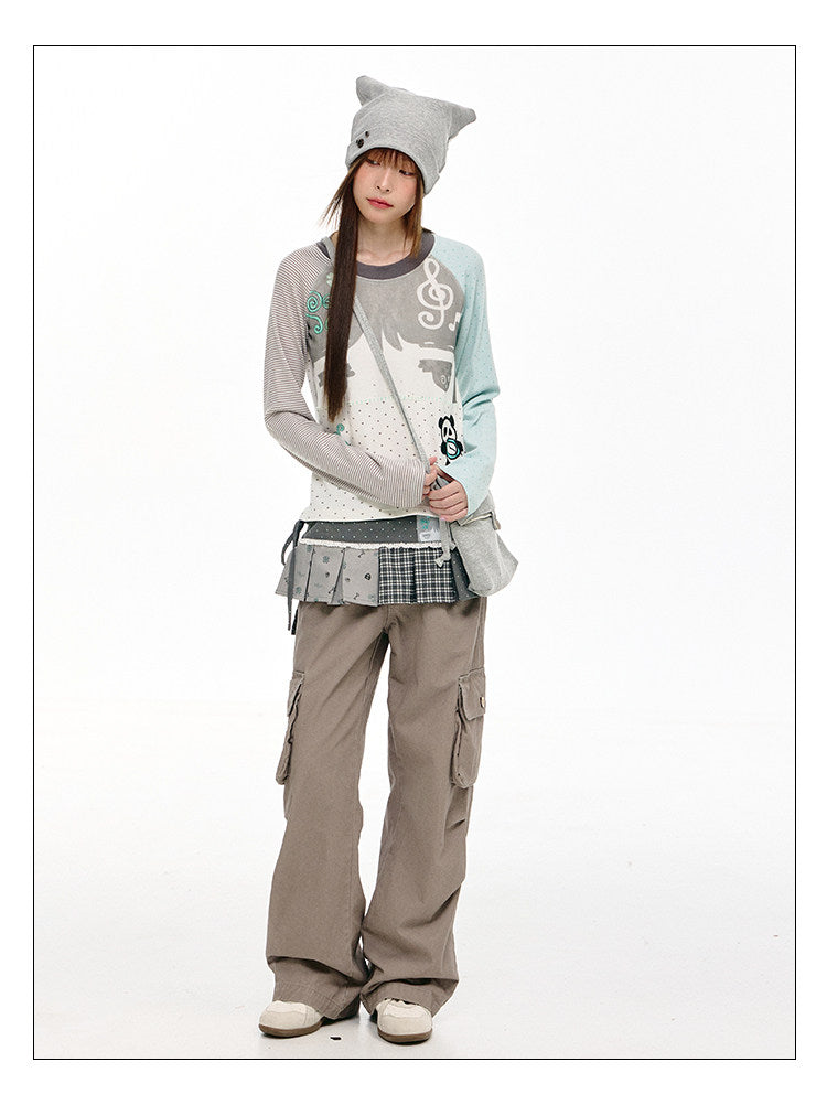 Mint Polka Dot Contrast-Sleeve Graphic Long Sleeve Top