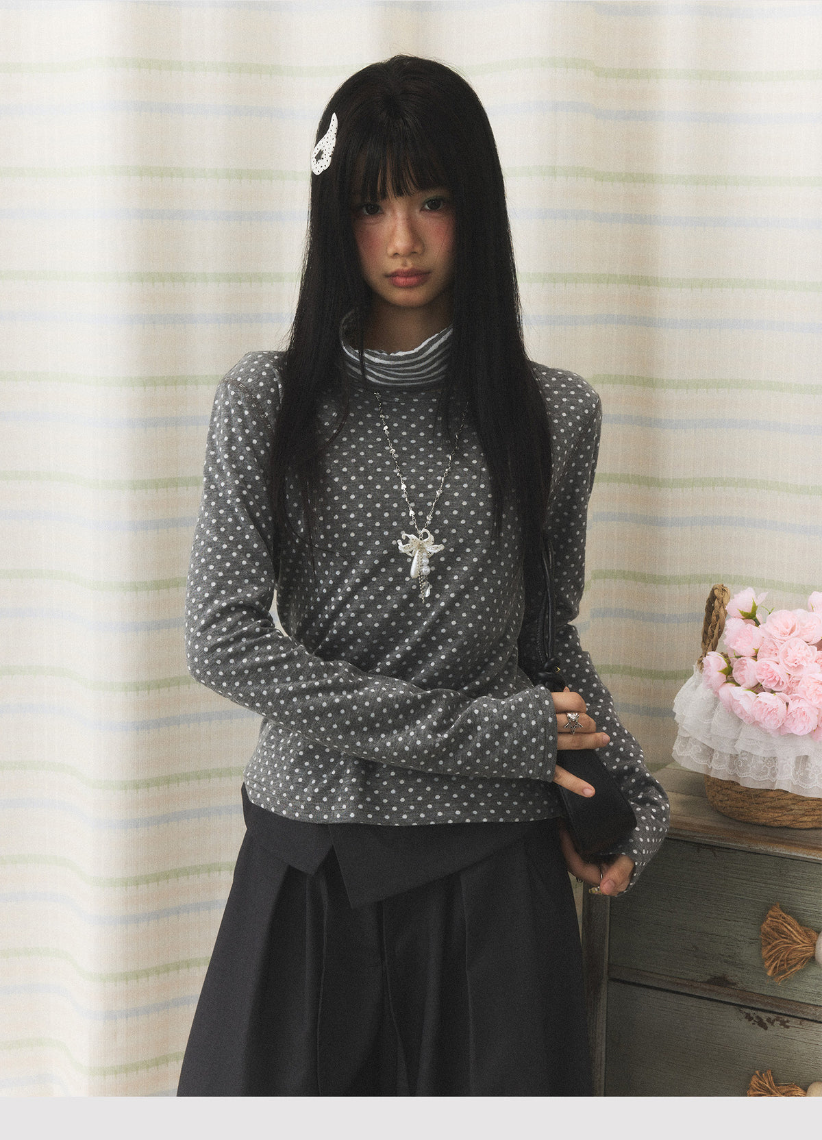 Polka Dot Contrast Turtleneck Long Sleeve Top