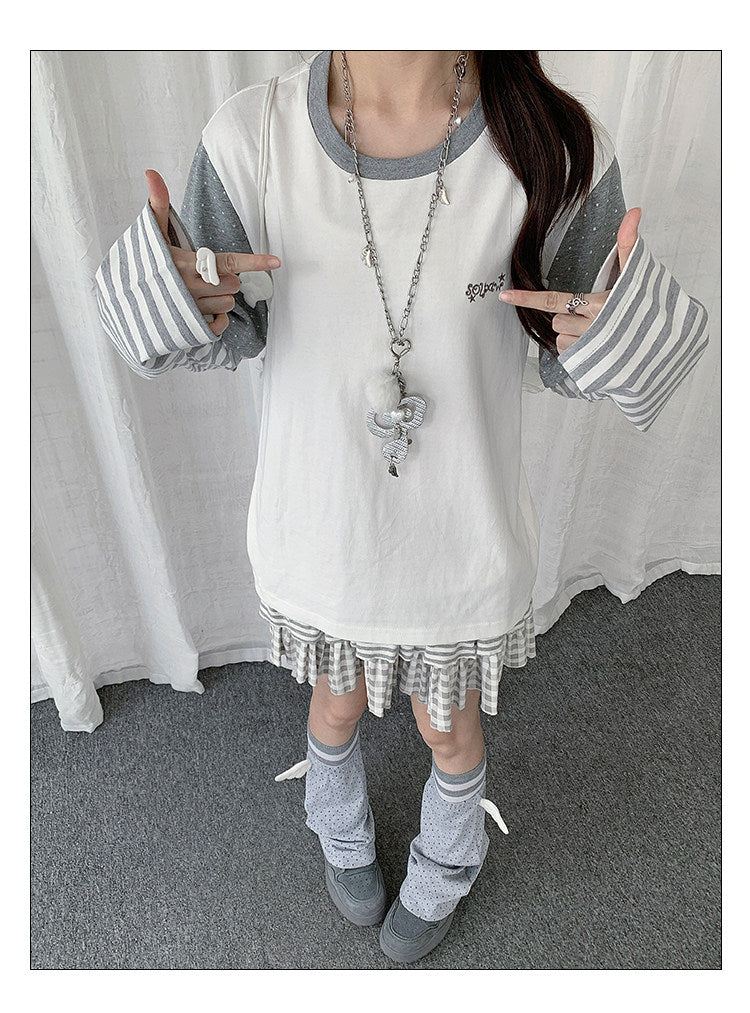Ivory Polka Dot Stripe Faux-Layer Long Sleeve Top