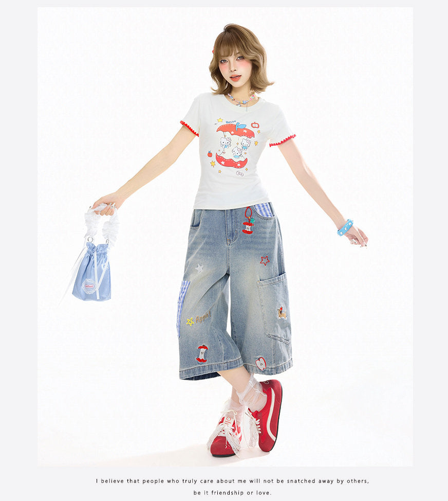Apple Plaid Cropped Wide-Leg Jeans