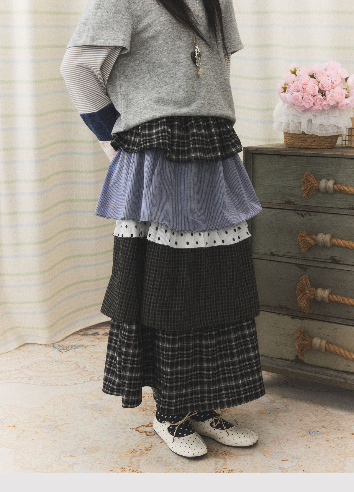 Mixed Plaid Tiered Patchwork Midi Skirt