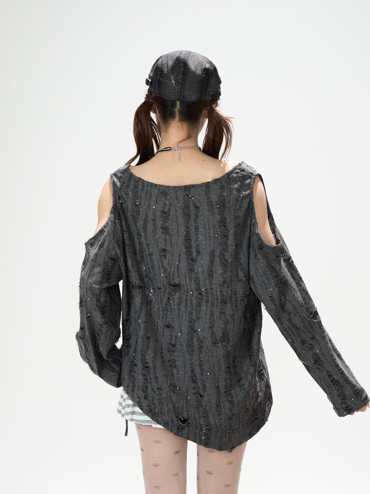 Distressed Cartoon Off-Shoulder Long Sleeve Top & Black Striped Mini Skirt