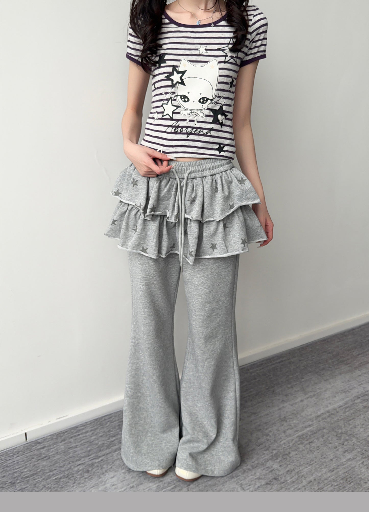 Purple Stripe Star Girl Ruffle-Hem Tee