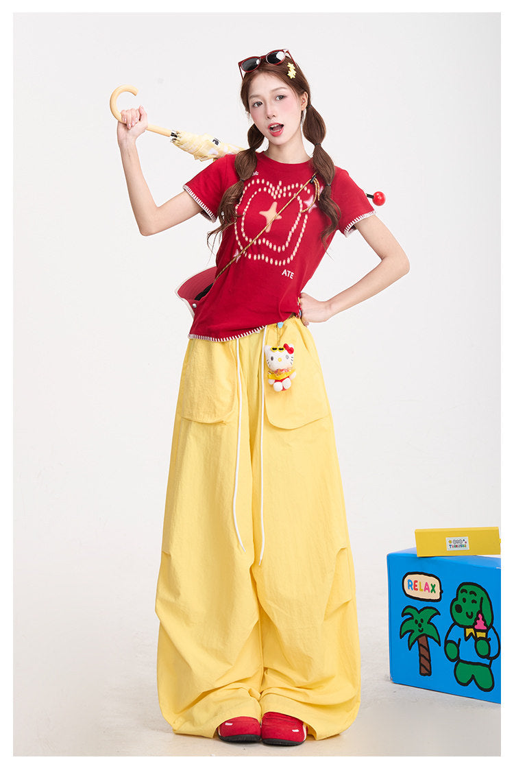 Red Star Baby Tee & Yellow Wide-Leg Pants