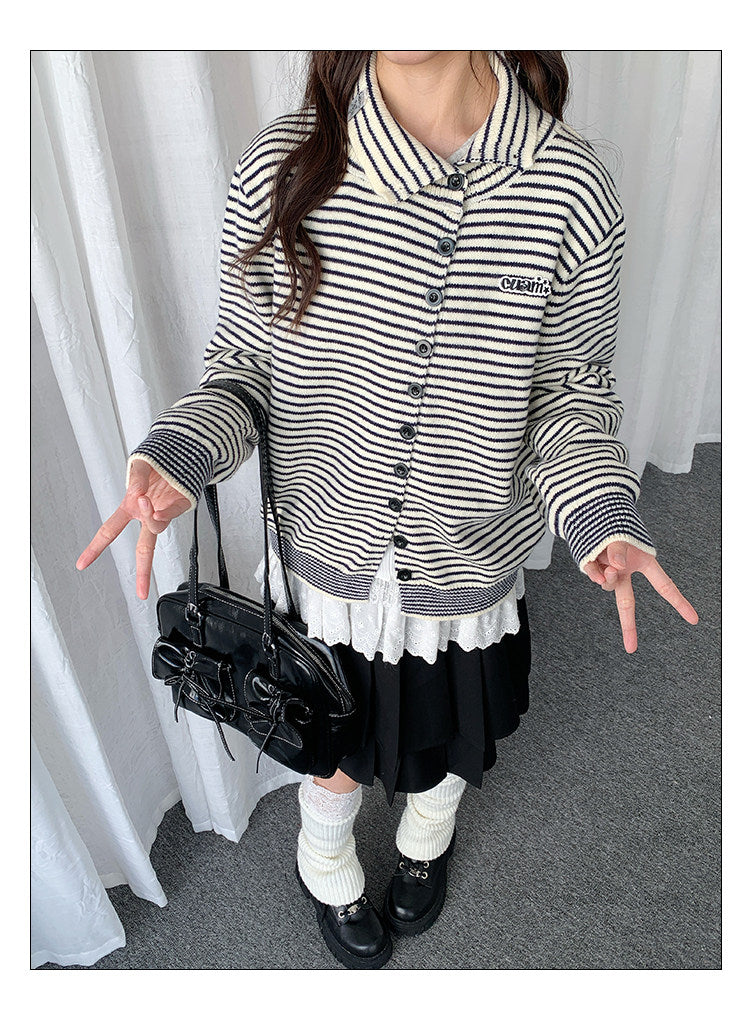 Striped Polo-Collar Knit Cardigan